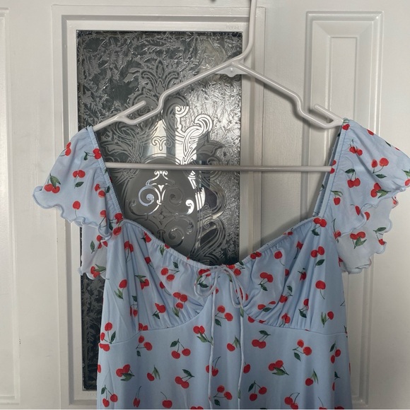 American Eagle Outfitters Light Blue Cherry Print Maxi Dress - Picture 2 of 6